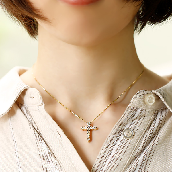 ドゥーズィエムクラス K14xダイヤモンド アンティークネックレス ダイヤモンド クロスネックレス 1.6ct(Total) VVS～VSクラス K