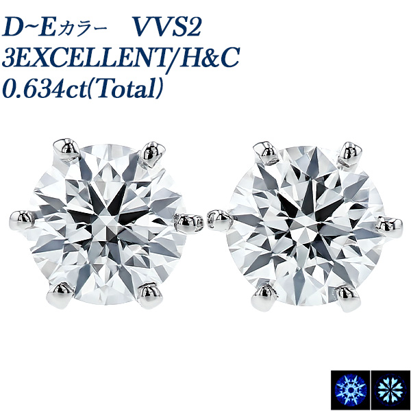 Pt ダイヤモンド ピアス 一粒 0.6ct(Total) D～E VVS2 3EX H&C 中央宝石研究所 鑑定書付