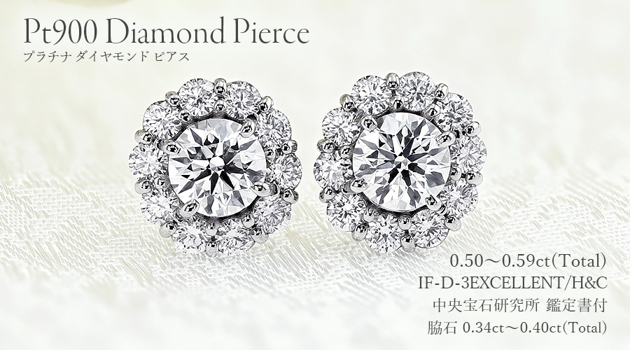 ダイヤモンド ピアス 0.5ct(Total) D IF 3EX H&C プラチナ 中央宝石